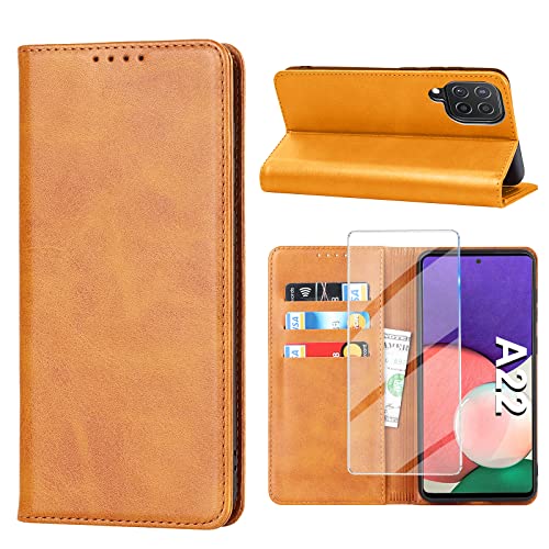 Handyhülle für Samsung Galaxy A22 5G Hülle mit Panzerglas Schutzfolie, Schutzhülle A22 5G Leder Wallet Kartenfach Standfunktion Stoßfest Klapphülle Hüllen Galaxy A22 5G Case Cover Klappbar (Gelb) von Vaki