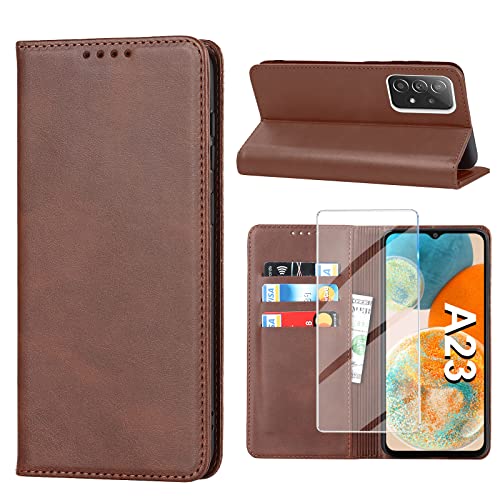 Handyhülle für Samsung Galaxy A23 5G Hülle mit Panzerglas Schutzfolie, Schutzhülle A23 Leder Wallet Kartenfach Standfunktion Stoßfest Klapphülle Hüllen Galaxy A23/M23 5G Case Cover Klappbar (Braun) von Vaki