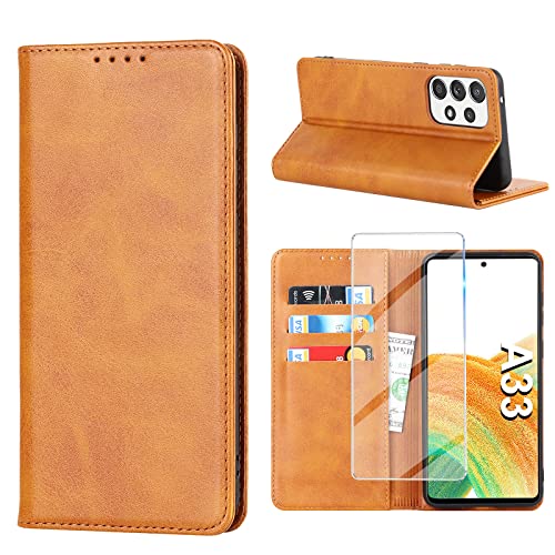 Handyhülle für Samsung Galaxy A33 5G Hülle mit Panzerglas Schutzfolie, Schutzhülle A33 5G Leder Wallet Kartenfach Standfunktion Stoßfest Klapphülle Hüllen Galaxy A33 5G Case Cover Klappbar (Gelb) von Vaki