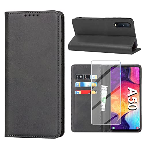 Handyhülle für Samsung Galaxy A50 Hülle mit Panzerglas Schutzfolie, Schutzhülle A50/A30S Leder Wallet Kartenfach Standfunktion Stoßfest Klapphülle Hüllen Galaxy A50 6.4 Zoll Case Klappbar (Schwarz) von Vaki