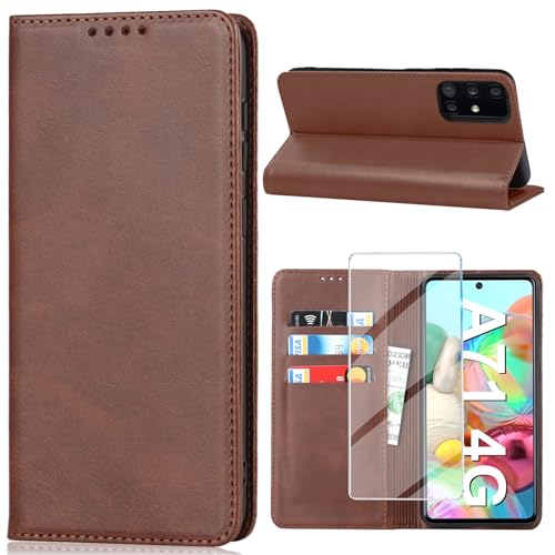 Handyhülle für Samsung Galaxy A71 Hülle mit Schutzfolie, Schutzhülle Galaxy A71-4G PU Leder Wallet Kartenfach Ständer Klapphülle Lederhüllen Case für Samsung A71-4G Tache Cover (Braun) von Vaki