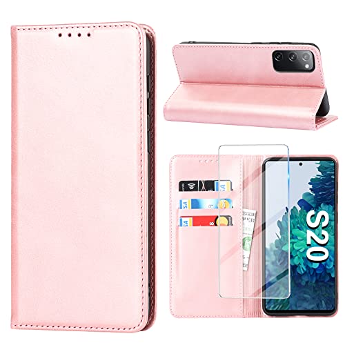 Handyhülle für Samsung Galaxy S20 Hülle mit Panzerglas Schutzfolie, Schutzhülle S20 Leder Wallet Kartenfach Standfunktion Stoßfest Klapphülle Hüllen Galaxy S20 6.2 Zoll Case Cover Klappbar (Rosa) von Vaki