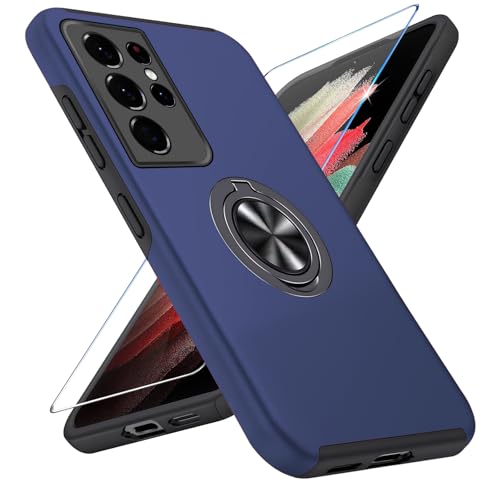 Handyhülle für Samsung Galaxy S21 Ultra Hülle mit Schutzfolie, Schutzhülle Galaxy S21 Ultra Case mit Magnetischer Ring Ständer Kratzfest Fallfestigkeit Stoßfest für Samsung S21 Ultra Cover (Blau) von Vaki