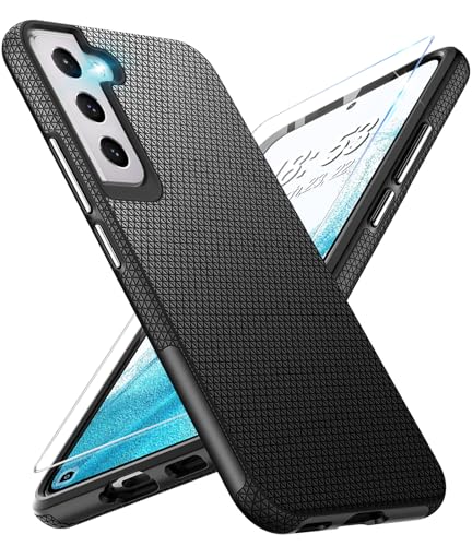 Handyhülle für Samsung Galaxy S22 Hülle mit Schutzfolie, Schutzhülle Galaxy S22 Bumper Stoßfest Case Rutschfester Textur Hard PC Rugged Hüllen Galaxy S22 5G Cover (Schwarz) von Vaki