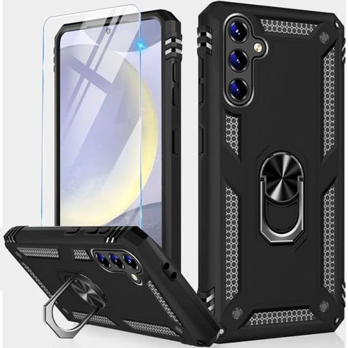 Handyhülle für Samsung Galaxy S24 Hülle mit Schutzfolie, Schutzhülle Galaxy S24 5G mit 360° Metall Ring Ständer Stoßfest Bumper für Samsung S24 5G Case Cover (Schwarz, Samsung S24) von Vaki