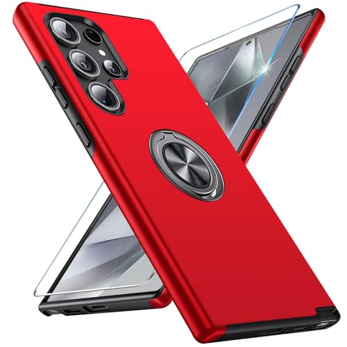 Handyhülle für Samsung Galaxy S24 Ultra Hülle mit Schutzfolie, Schutzhülle Galaxy S24 Ultra Case mit Magnetischer Ring Ständer Kratzfest Fallfestigkeit Stoßfest für Samsung S24 Ultra Cover (Rot) von Vaki