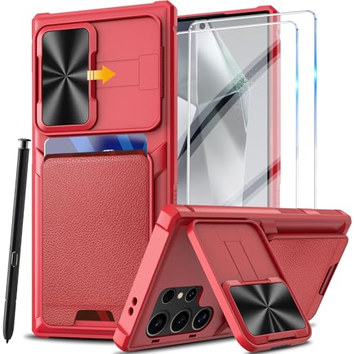 Handyhülle für Samsung Galaxy S24 Ultra mit Slide Camera Cover Kameraschutz Kickstand & Schutzfolie, Militärschutz Stoßfeste Panzerhülle Wallet Schutzhülle für Samsung S24 Ultra 5G Tasche (Rot) von Vaki
