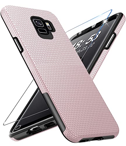 Handyhülle für Samsung Galaxy S9 Hülle mit Panzerglas Schutzfolie, Galaxy S9 Ständer Case Cover Bumper Stoßfest Kratzfestigkeit rutschfest Schutzhülle Silikon Tough Armor Galaxy S9 Hüllen (Rosa) von Vaki