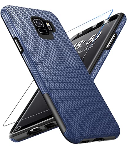 Handyhülle für Samsung Galaxy S9 Hülle mit Panzerglas Schutzfolie, Galaxy S9 Ständer Case Cover Bumper Stoßfest Kratzfestigkeit rutschfest Schutzhülle Silikon Tough Armor Galaxy S9 Hüllen (Blau) von Vaki