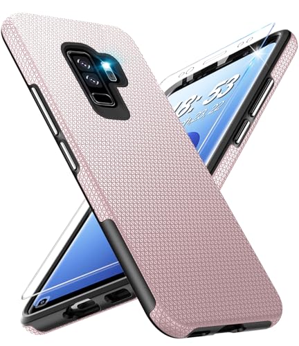Handyhülle für Samsung Galaxy S9 Plus Hülle mit Schutzfolie, Schutzhülle Galaxy S9+ Bumper Stoßfest Case Rutschfester Textur Hard PC Rugged Hüllen Galaxy S9 Plus Cover (Rosa) von Vaki