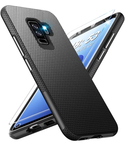 Handyhülle für Samsung Galaxy S9 Plus Hülle mit Schutzfolie, Schutzhülle Galaxy S9+ Bumper Stoßfest Case Rutschfester Textur Hard PC Rugged Hüllen Galaxy S9 Plus Cover (Schwarz) von Vaki