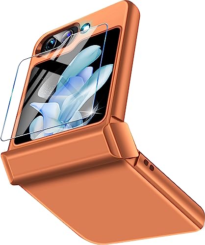 Handyhülle für Samsung Galaxy Z Flip 5 Hülle mit Displayschutzfolie, Ultra Dünn Leicht PC Schutzhülle Galaxy Z Flip 5 5G Klapphülle Slim Kratzfest Firma Flip Case für Samsung Z Flip 5 Cover (Orange) von Vaki