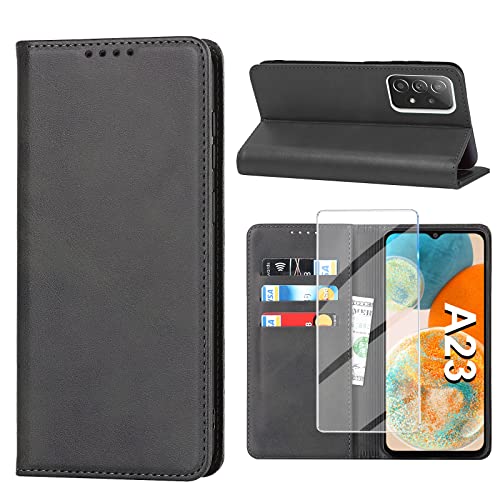 Handyhülle für Samsung Hülle mit Panzerglas Schutzfolie, Schutzhülle Leder Wallet Kartenfach Standfunktion Stoßfest Klapphülle Hüllen Galaxy A23/M23 5G Case Cover Klappbar (Schwarz) von Vaki