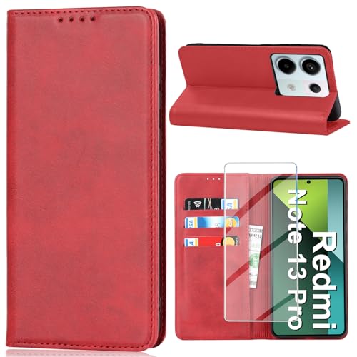 Handyhülle für Xiaomi Redmi Note 13 Pro 5G Hülle mit Schutzfolie, Schutzhülle Note 13 Pro Leder Wallet Kartenfach Standfunktion Klapphülle Redmi Note 13 Pro Case Cover Klappbar (Rot, Note 13 Pro 5G) von Vaki
