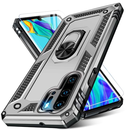 Vaki Handyhülle für Huawe P30 Pro Hülle mit Schutzfolie, Schutzhülle P30 Pro 5G mit 360° Metall Ring Ständer Stoßfest Bumper Tasche für Huawe P30 Pro Case Cover (Silber) von Vaki