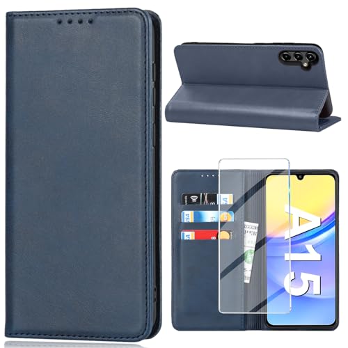 Vaki Handyhülle für Samsung Galaxy A15 Hülle mit Schutzfolie, Schutzhülle A15 PU Leder Wallet Kartenfach Ständer Kameraschutz Klapphülle Lederhüllen Case Samsung A15 4G/5G Cover (Blau) von Vaki