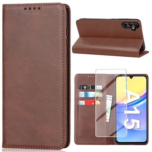 Vaki Handyhülle für Samsung Galaxy A15 Hülle mit Schutzfolie, Schutzhülle A15 PU Leder Wallet Kartenfach Ständer Kameraschutz Klapphülle Lederhüllen Case Samsung A15 4G/5G Cover (Braun) von Vaki