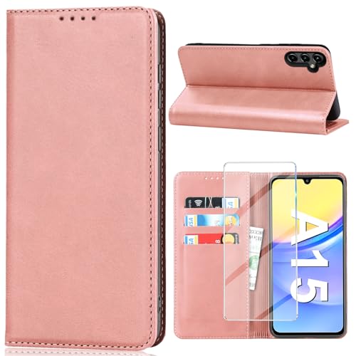 Vaki Handyhülle für Samsung Galaxy A15 Hülle mit Schutzfolie, Schutzhülle A15 PU Leder Wallet Kartenfach Ständer Kameraschutz Klapphülle Lederhüllen Case Samsung A15 4G/5G Cover (Rosa) von Vaki