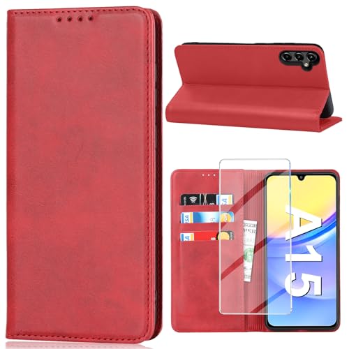 Vaki Handyhülle für Samsung Galaxy A15 Hülle mit Schutzfolie, Schutzhülle A15 PU Leder Wallet Kartenfach Ständer Kameraschutz Klapphülle Lederhüllen Case Samsung A15 4G/5G Cover (Rot) von Vaki