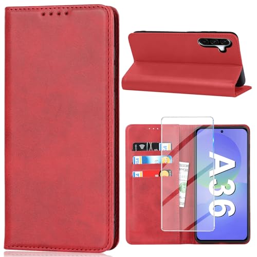 Vaki Handyhülle für Samsung Galaxy A36 5G Hülle mit Schutzfolie, Cover A36 5G PU Leder Wallet Kartenfach Klapphülle, Schutzhülle für Samsung A36 5G Flip Case Coqu Tasche Handyschutz (Rot) von Vaki