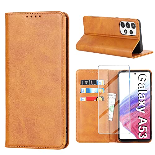 Vaki Handyhülle für Samsung Galaxy A53 5G Hülle mit Panzerglas Schutzfolie, Schutzhülle A53 Leder Wallet Kartenfach Standfunktion Stoßfest Klapphülle Hüllen Galaxy A53 5G Case Cover Klappbar (Gelb) von Vaki