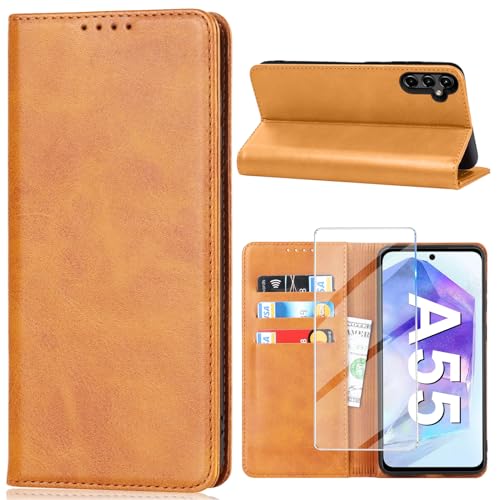 Vaki Handyhülle für Samsung Galaxy A55 5G Hülle mit Schutzfolie, Schutzhülle Galaxy A55 PU Leder Wallet Kartenfach Ständer Klapphülle Lederhüllen Case für Samsung A55 Tache Cover (Gelb) von Vaki