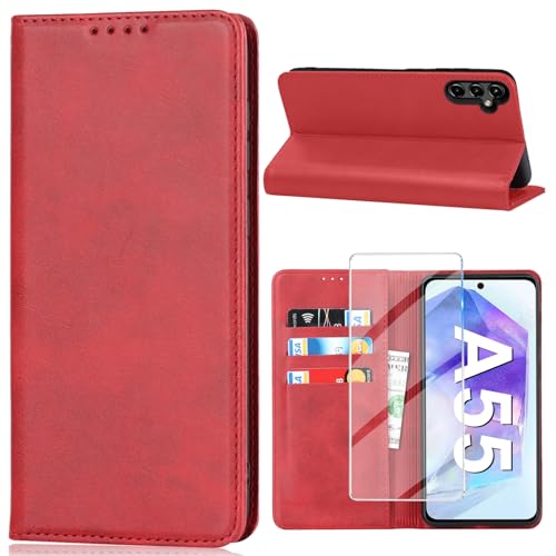 Vaki Handyhülle für Samsung Galaxy A55 5G Hülle mit Schutzfolie, Schutzhülle Galaxy A55 PU Leder Wallet Kartenfach Ständer Klapphülle Lederhüllen Case für Samsung A55 Tache Cover (Rot) von Vaki