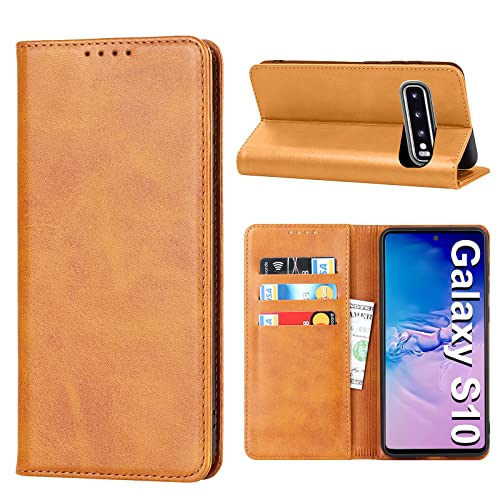 Vaki Handyhülle für Samsung Galaxy S10 4G - Leder Schutzhülle Mit Kartenfach, Standfunktion, Stoßfest, Klapphülle, Flip Case Cover (Gelb) 6.1" von Vaki