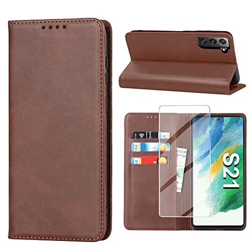 Vaki Handyhülle für Samsung Galaxy S21 5G Hülle mit Panzerglas Schutzfolie, Schutzhülle S21 Leder Wallet Kartenfach Standfunktion Stoßfest Klapphülle Hüllen Galaxy S21 6.2 Zoll Case Klappbar (Braun) von Vaki