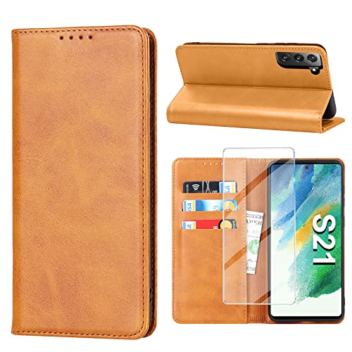 Vaki Handyhülle für Samsung Galaxy S21 5G Hülle mit Panzerglas Schutzfolie, Schutzhülle S21 Leder Wallet Kartenfach Standfunktion Stoßfest Klapphülle Hüllen Galaxy S21 6.2 Zoll Case Klappbar (Gelb) von Vaki