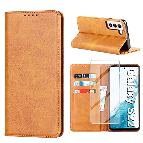 Vaki Handyhülle für Samsung Galaxy S22 5G Hülle mit Panzerglas Schutzfolie, Schutzhülle S22 Leder Wallet Kartenfach Standfunktion Stoßfest Klapphülle Hüllen Galaxy S22 5G Case Cover Klappbar (Gelb) von Vaki