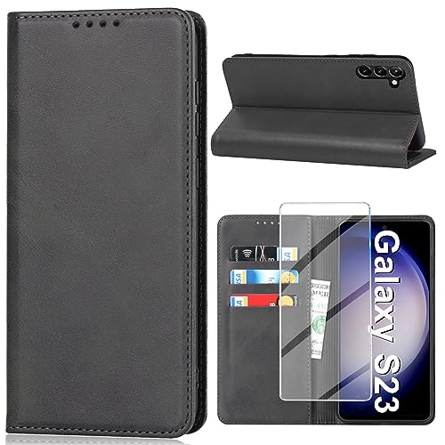 Vaki Handyhülle für Samsung Galaxy S23 5G Hülle mit Panzerglas Schutzfolie, Schutzhülle S23 Leder Wallet Kartenfach Standfunktion Stoßfest Klapphülle Hüllen Case Cover (Schwarz) von Vaki