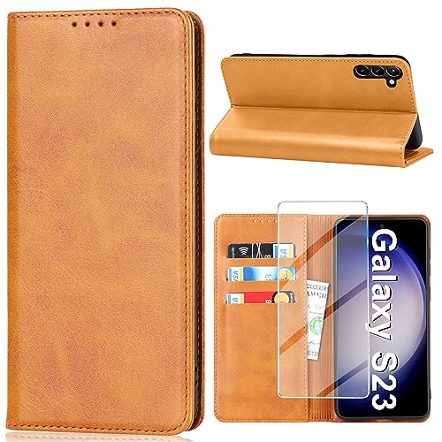 Vaki Handyhülle für Samsung Galaxy S23 5G Hülle mit Panzerglas Schutzfolie, Schutzhülle S23 Leder Wallet Kartenfach Standfunktion Stoßfest Klapphülle Hüllen Galaxy S23 5G Case Cover (gelb) von Vaki