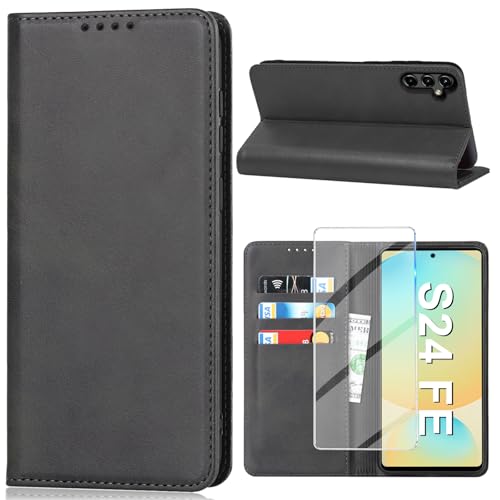 Vaki Handyhülle für Samsung Galaxy S24 FE Hülle mit Schutzfolie, Schutzhülle Galaxy S24 FE PU Leder Wallet Kartenfach Ständer Klapphülle Lederhüllen Case für Samsung S24 FE 5G Tache Cover (Schwarz) von Vaki