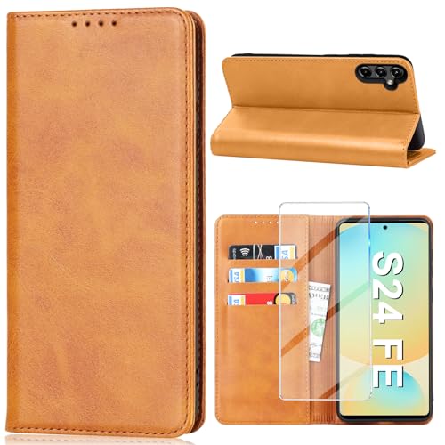 Vaki Handyhülle für Samsung Galaxy S24 FE Hülle mit Schutzfolie, Schutzhülle Galaxy S24 FE PU Leder Wallet Kartenfach Ständer Klapphülle Lederhüllen Case für Samsung S24 FE 5G Tache Cover (Gelb) von Vaki