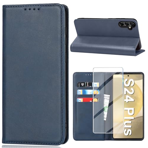 Vaki Handyhülle für Samsung Galaxy S24 Plus 5G Hülle mit Schutzfolie, Schutzhülle S24 Plus PU Leder Wallet Kartenfach Ständer Kameraschutz Klapphülle Lederhüllen Case Samsung S24 Plus Cover (Blau) von Vaki