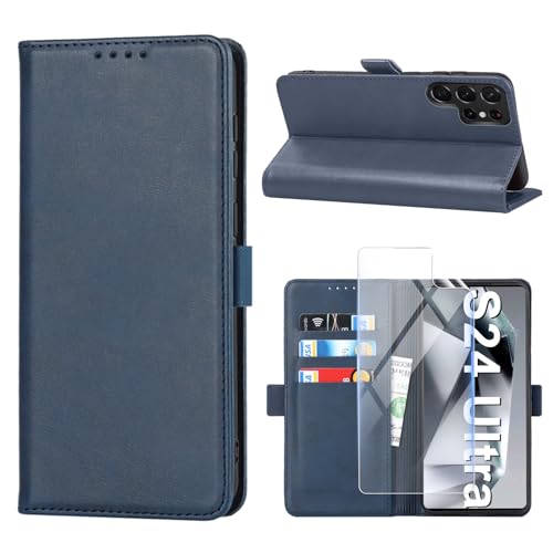 Vaki Handyhülle für Samsung Galaxy S24 Ultra 5G Hülle mit Schutzfolie, Schutzhülle S24 Ultra PU Leder Wallet Kartenfach Ständer Kameraschutz Klapphülle Lederhüllen Case Samsung S24 Ultra Cover (Blau) von Vaki