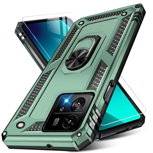 Vaki Handyhülle für Xiaomi 13T/13T Pro 5G Hülle mit Schutzfolie, Schutzhülle 13T/13T Pro 5G mit 360° Metall Ring Ständer Stoßfest Bumper für Xiaomi 13T Pro Case Cover (Grün) von Vaki