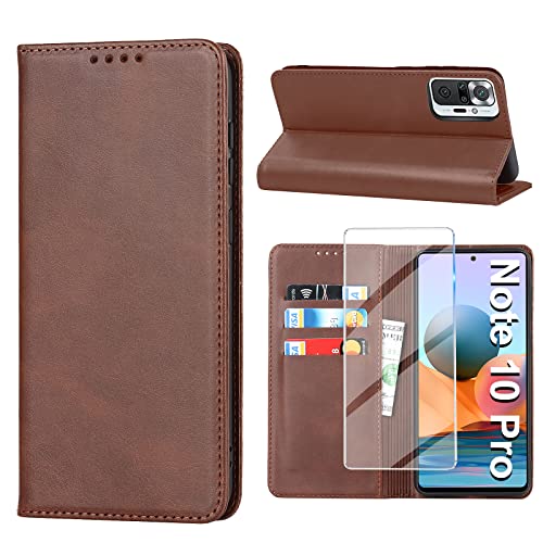 Vaki Handyhülle für Xiaomi Redmi Note 10 Pro Hülle mit Panzerglas Schutzfolie, Schutzhülle Note 10 Pro Max Leder Wallet Kartenfach Standfunktion Klapphülle Note 10 Pro Case Cover Klappbar (braun) von Vaki