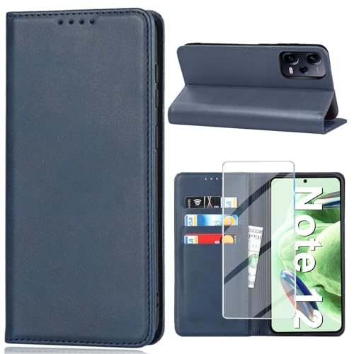 Vaki Handyhülle für Xiaomi Redmi Note 12 Hülle mit Schutzfolie, Schutzhülle Note 12 Leder Wallet Kartenfach Standfunktion Klapphülle für Xiaomi Note 12 Case Cover Klappbar (Blau) von Vaki
