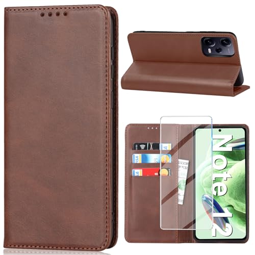 Vaki Handyhülle für Xiaomi Redmi Note 12 Hülle mit Schutzfolie, Schutzhülle Note 12 Leder Wallet Kartenfach Standfunktion Klapphülle für Xiaomi Note 12 Case Cover Klappbar (Braun) von Vaki