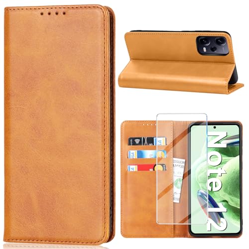 Vaki Handyhülle für Xiaomi Redmi Note 12 Hülle mit Schutzfolie, Schutzhülle Note 12 Leder Wallet Kartenfach Standfunktion Klapphülle für Xiaomi Note 12 Case Cover Klappbar (Gelb) von Vaki