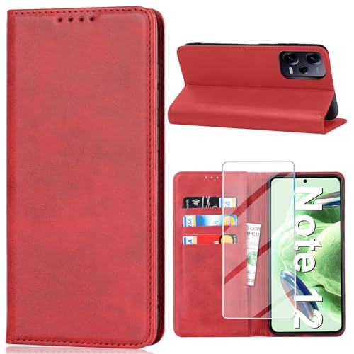 Vaki Handyhülle für Xiaomi Redmi Note 12 Hülle mit Schutzfolie, Schutzhülle Note 12 Leder Wallet Kartenfach Standfunktion Klapphülle für Xiaomi Note 12 Case Cover Klappbar (Rot) von Vaki