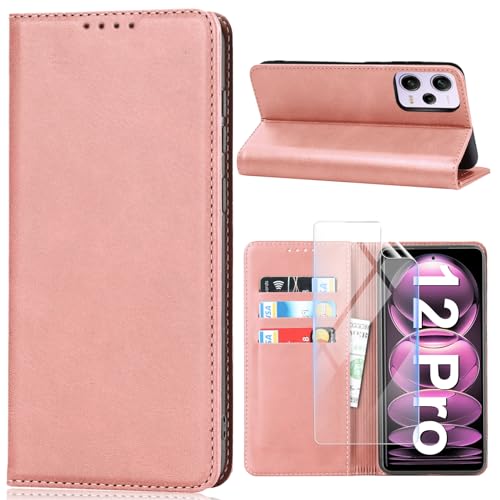 Vaki Handyhülle für Xiaomi Redmi Note 12 Pro Hülle mit Schutzfolie, Schutzhülle Note 12 Pro Leder Wallet Kartenfach Standfunktion Klapphülle für Xiaomi Note 12 Pro Case Cover Klappbar (Rosa) von Vaki