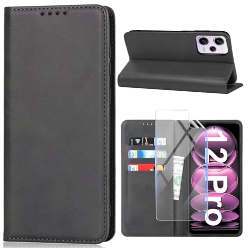 Vaki Handyhülle für Xiaomi Redmi Note 12 Pro Hülle mit Schutzfolie, Schutzhülle Note 12 Pro Leder Wallet Kartenfach Standfunktion Klapphülle für Xiaomi Note 12 Pro Case Cover Klappbar (Schwarz) von Vaki