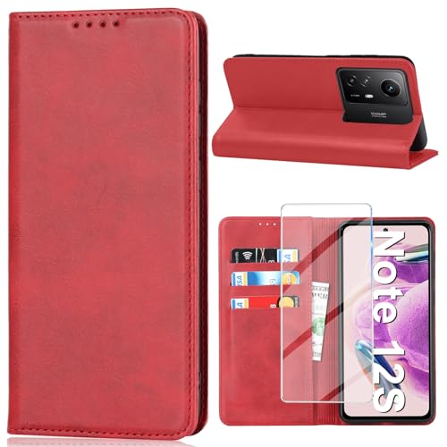 Vaki Handyhülle für Xiaomi Redmi Note 12S Hülle mit Schutzfolie, Schutzhülle Redmi Note 12S PU Leder Wallet Kartenfach Ständer Klapphülle Lederhüllen Case für Xiaomi Redmi Note 12S Tache Cover (Rot) von Vaki