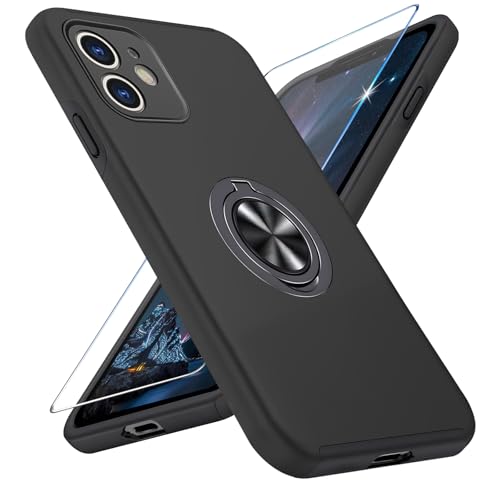 Vaki Handyhülle für iPhone 12 Hülle mit Schutzfolie, Schutzhülle Case mit 360° Magnetischer Ring Ständer Kratzfest Fallfestigkeit Stoßfest für iPhone 12 Cover (Schwarz) von Vaki