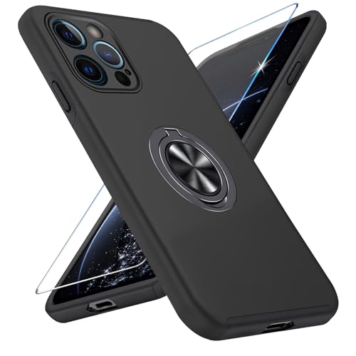 Vaki Handyhülle für iPhone 12 Pro Hülle mit Schutzfolie, Schutzhülle Case mit 360° Magnetischer Ring Ständer Kratzfest Fallfestigkeit Stoßfest für iPhone 12 Pro Cover (Schwarz) von Vaki
