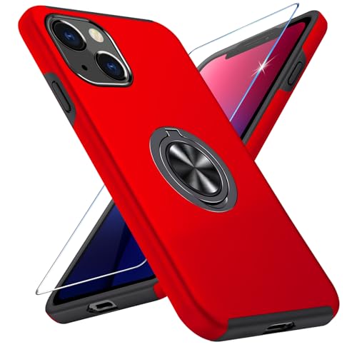 Vaki Handyhülle für iPhone 13 Hülle mit Schutzfolie, Schutzhülle Case mit 360° Magnetischer Ring Ständer Kratzfest Fallfestigkeit Stoßfest für iPhone 13 Cover (Rot) von Vaki