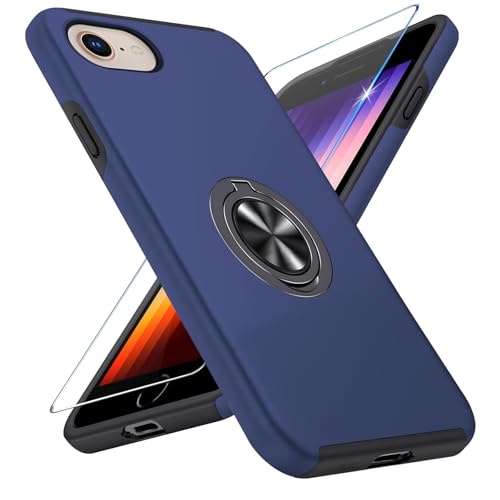 Vaki Handyhülle für iPhone SE/8/7 Hülle mit Schutzfolie, Schutzhülle Phone SE 2020 2022 8 7 Case mit Magnetischer Ring Ständer Kratzfest Fallfestigkeit Stoßfest für iPhone SE/8/7 Cover (Blau) von Vaki